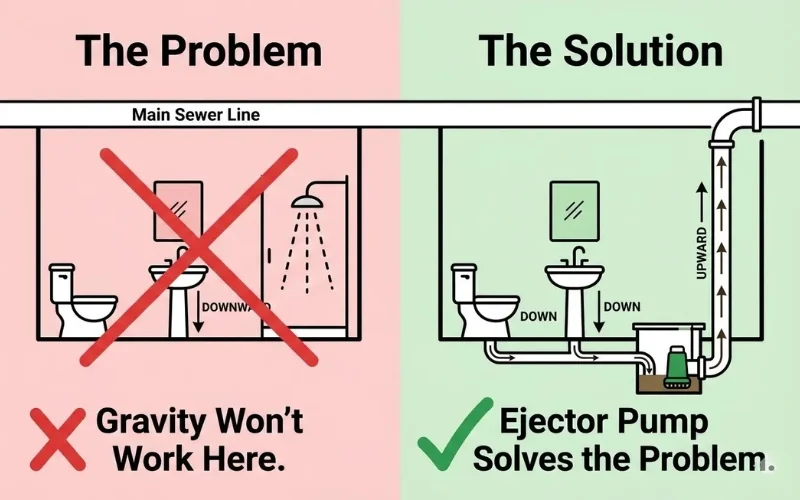 How to plumb a basement bathroom showing gravity problem and ejector pump solution