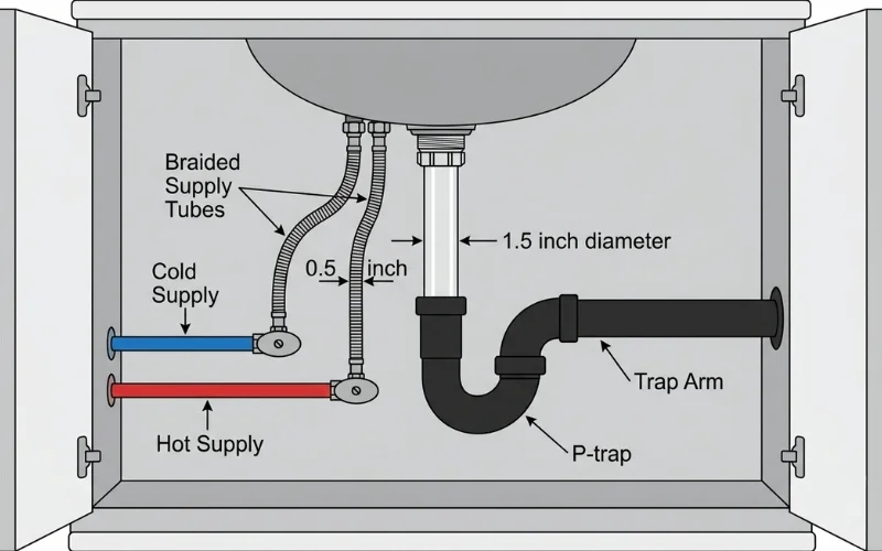 Plumbing under bathroom sink showing P-trap angle stops and supply tubes
