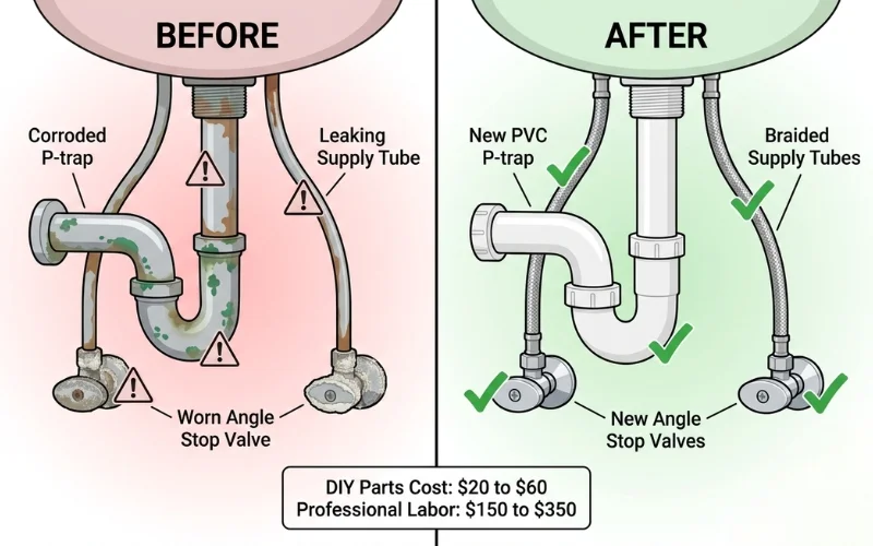 Replacing bathroom sink plumbing parts including P-trap and supply tubes