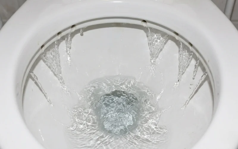 Running water flowing in toilet bowl wasting gallons daily