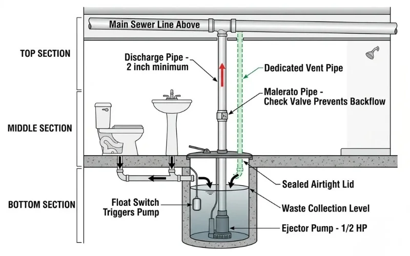 Sewage ejector pump diagram showing sump pit float switch discharge pipe and check valve