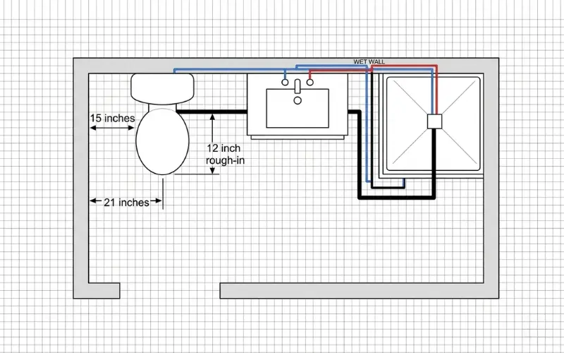 Top view bathroom plumbing layout diagram with fixture positions and spacing