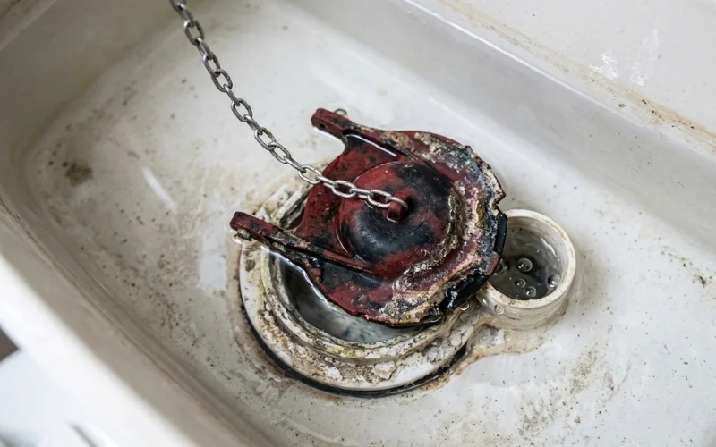 Worn toilet flapper causing running toilet leak inside tank